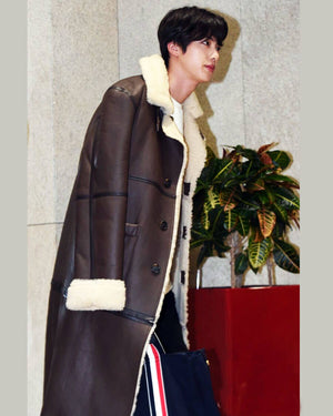 BTS Jin Shearling Brown Leather Coat Gimpo Airport Fashion Outfit