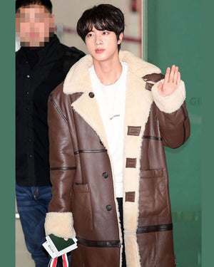 BTS Jin Shearling Brown Leather Coat Gimpo Airport Fashion Outfit