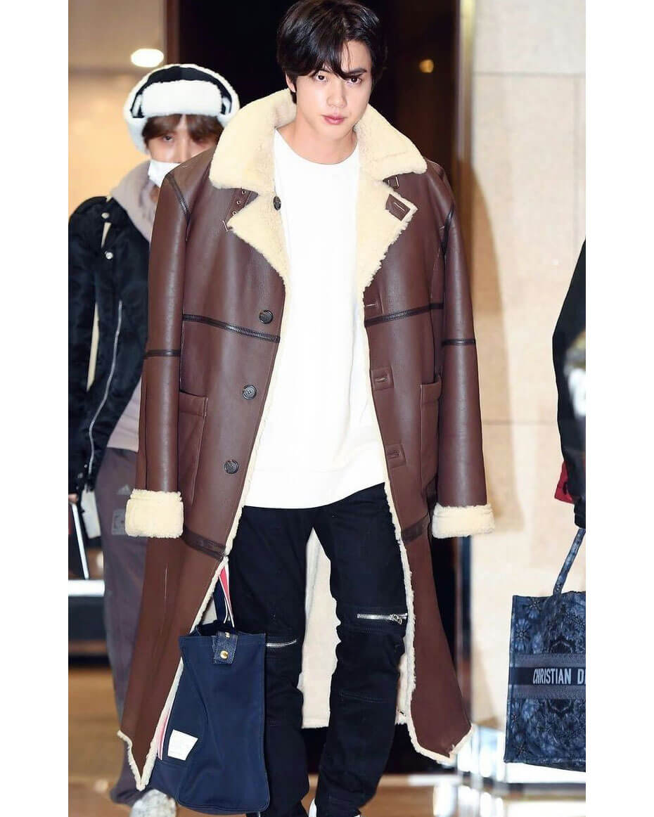 BTS Jin Shearling Brown Leather Coat Gimpo Airport Fashion Outfit