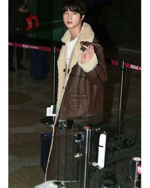 BTS Jin Shearling Brown Leather Coat Gimpo Airport Fashion Outfit