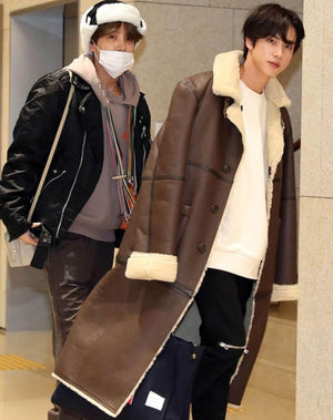 BTS Jin Shearling Brown Leather Coat Gimpo Airport Fashion Outfit