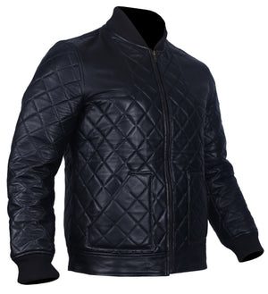 Men's Black Diamond Quilted Leather Bomber Jacket