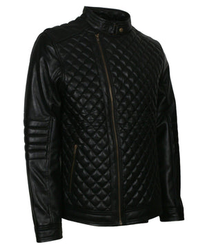 Men's Real Leather Diamond Quilted Jacket Black