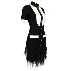 Black and White Tuxedo-Inspired Mini Dress with Ostrich Feather Hem and Gold Buttons
