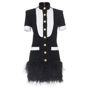 Black and White Tuxedo-Inspired Mini Dress with Ostrich Feather Hem and Gold Buttons
