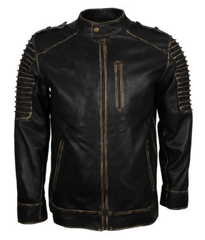Men's Killing Joke Black Genuine Leather Jacket with Hood and Ribbed Sleeves
