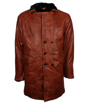 Men’s Vintage Brown Leather Shearling Coat with Button Front