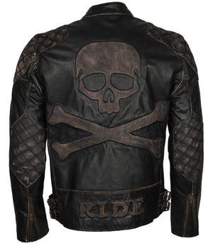 Men's Skull Crossbones Genuine Leather Motorcycle Jacket with Quilted Sleeves and RIDE Patch