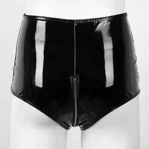 Multi-Color High Waist Women Faux Leather Shorts PVC Front Zipper Open Crotch Beach Clubwear Panties Plus Size
