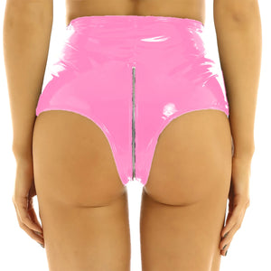Multi-Color High Waist Women Faux Leather Shorts PVC Front Zipper Open Crotch Beach Clubwear Panties Plus Size