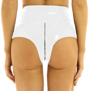 Multi-Color High Waist Women Faux Leather Shorts PVC Front Zipper Open Crotch Beach Clubwear Panties Plus Size