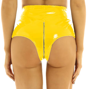 Multi-Color High Waist Women Faux Leather Shorts PVC Front Zipper Open Crotch Beach Clubwear Panties Plus Size