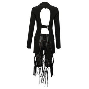 V-Neck Blazer with Backless Tassel-Trimmed Mesh Pants Set