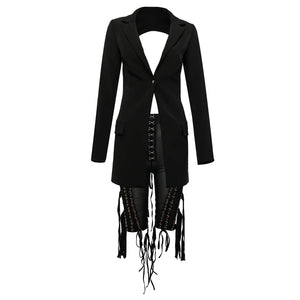 V-Neck Blazer with Backless Tassel-Trimmed Mesh Pants Set