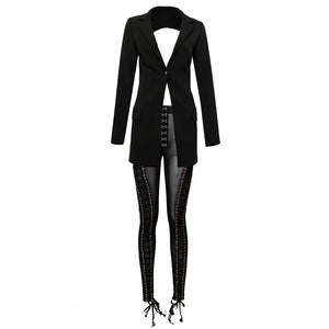 V-Neck Blazer with Backless Tassel-Trimmed Mesh Pants Set