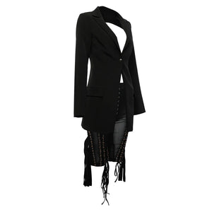 V-Neck Blazer with Backless Tassel-Trimmed Mesh Pants Set