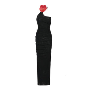 Elegant Black Mesh Halter Neck Bodycon Dress with Diagonal Semi-Transparent Pleated Design and Floral Accents