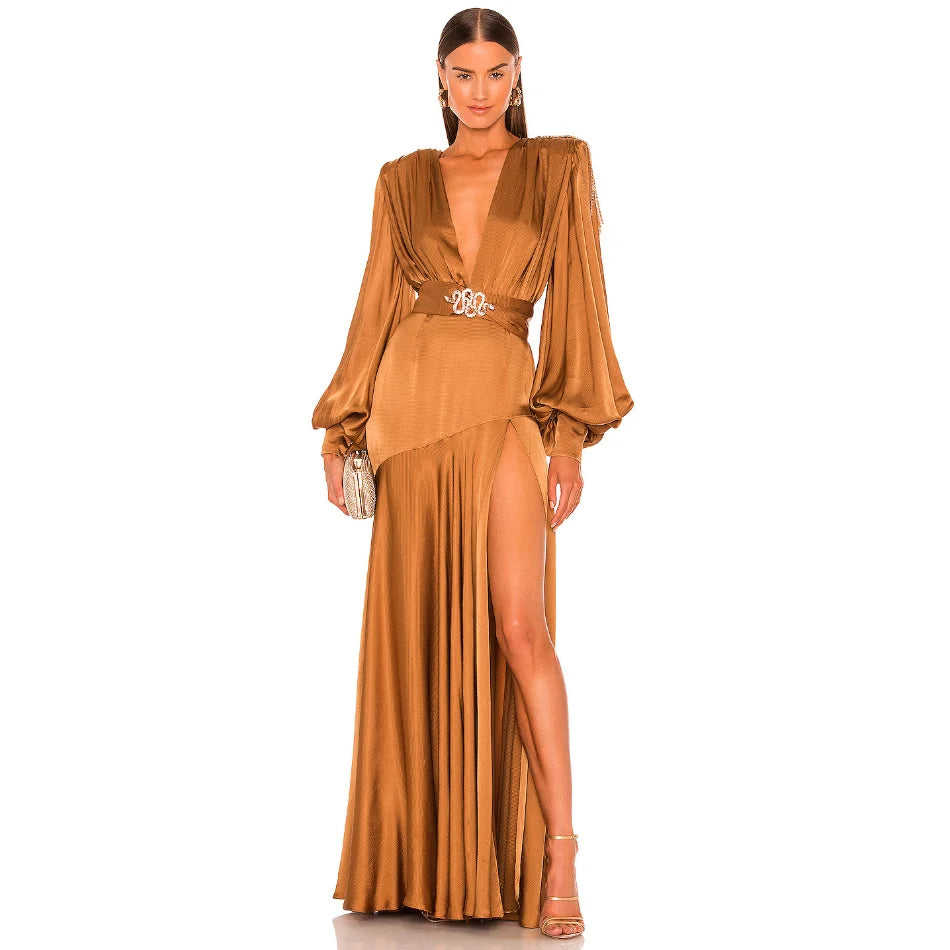 Chic Fringe Shoulder Maxi Dress Latern Long Sleeves Pleated Split Gown With Gold Serpent Detachable Waist Belt Party Clubwear