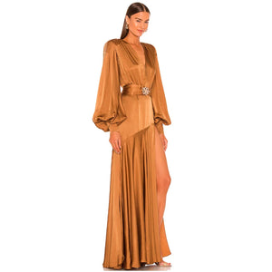 Gold Pleated Maxi Dress with Fringe Sleeves and Serpent Belt Split