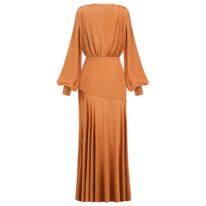 Gold Pleated Maxi Dress with Fringe Sleeves and Serpent Belt Split