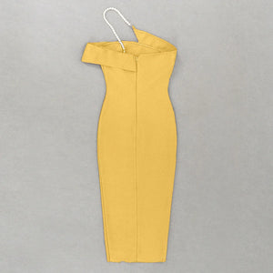 Chic Yellow One-Shoulder Midi Dress with Pearl Strap and Side Split