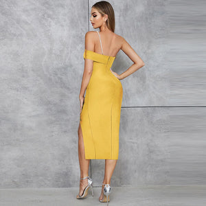 Chic Yellow One-Shoulder Midi Dress with Pearl Strap and Side Split