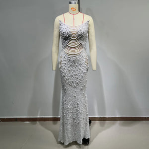 Elegant Beaded Pearl and Sequin Maxi Dress, Strapless Fishtail Gown with Pleated Detail