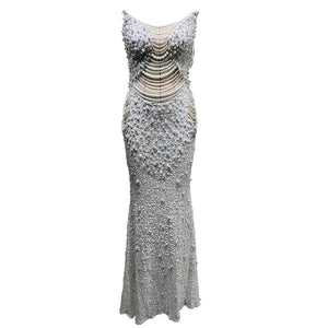 Elegant Beaded Pearl and Sequin Maxi Dress, Strapless Fishtail Gown with Pleated Detail