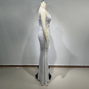 Elegant Beaded Pearl and Sequin Maxi Dress, Strapless Fishtail Gown with Pleated Detail