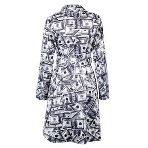 Dollar Bill Print Wrap Dress with V-Neck and Long Sleeves for Women