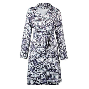 Dollar Bill Print Wrap Dress with V-Neck and Long Sleeves for Women