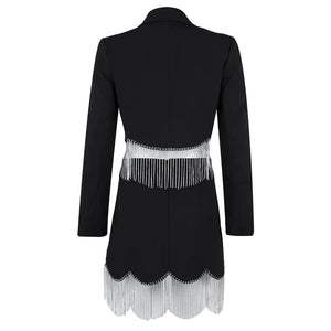 Black Cropped Blazer and Mini Skirt Set with Crystal Tassel Detail and Scalloped Hem