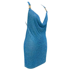 Blue Rhinestone Mesh Mini Dress with Cowl Neck and Criss-Cross Back for Clubwear