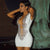 White Sequin Plunge V Neck Mini Dress with Mesh Patchwork and Cut-Out Design for Women