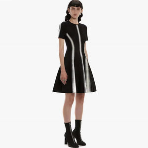 Optical Illusion Jacquard Dress - White and Black, Short Sleeve, Fluffy A-Line Mini Skirt