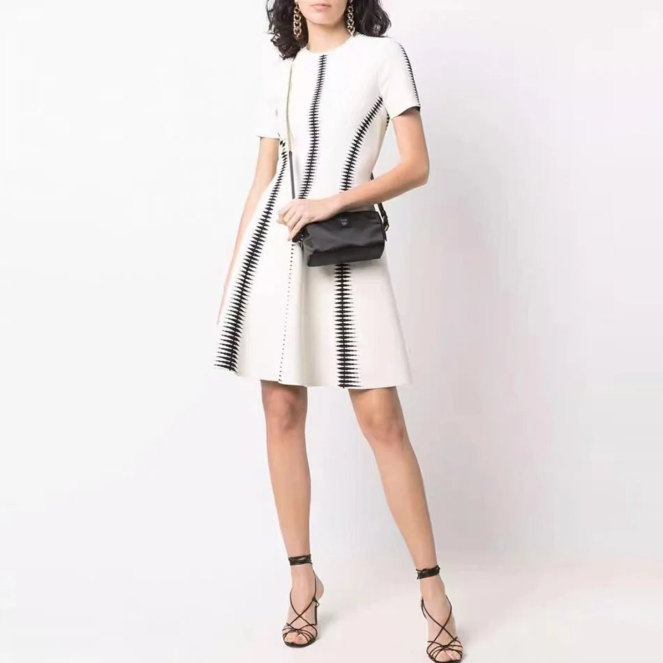 Optical Illusion Jacquard Dress - White and Black, Short Sleeve, Fluffy A-Line Mini Skirt