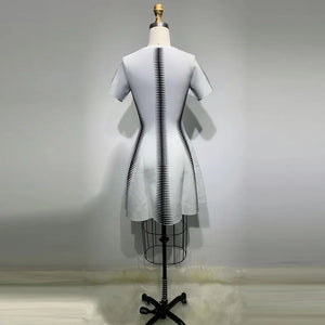 Optical Illusion Jacquard Dress - White and Black, Short Sleeve, Fluffy A-Line Mini Skirt