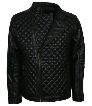 Men's Real Leather Diamond Quilted Jacket Black