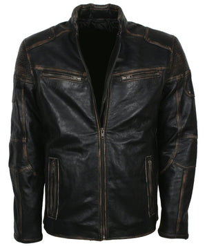 Black Distressed Leather Biker Jacket for Men Vintage Style