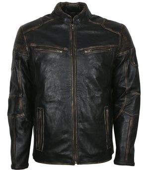 Black Distressed Leather Biker Jacket for Men Vintage Style