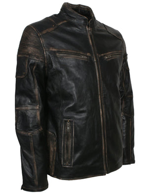 Black Distressed Leather Biker Jacket for Men Vintage Style