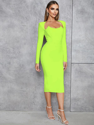 Neon Green Midi Dress with Long Sleeves and Square Collar for Women