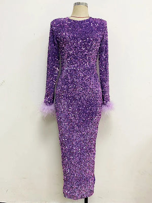 Long Sleeve Sequin Maxi Dress with Feather Cuffs and Side Split for Women