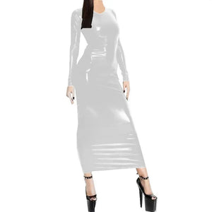 Women's Long Sleeve Metallic Faux Leather Ankle Length Dress V Neck Party Dance Costume Slim Fit Shiny Wet Look Available in Multiple Colors