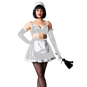 Glossy PVC Leather Maid Costume Ruffled Bra Top High Waist Mini Skirt Gloves Multi-Color 7XL Cosplay Uniform