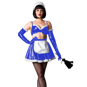 Glossy PVC Leather Maid Costume Ruffled Bra Top High Waist Mini Skirt Gloves Multi-Color 7XL Cosplay Uniform