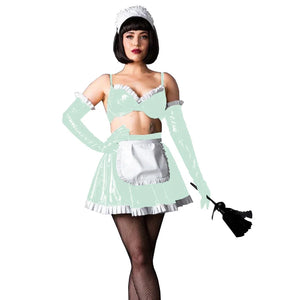 Glossy PVC Leather Maid Costume Ruffled Bra Top High Waist Mini Skirt Gloves Multi-Color 7XL Cosplay Uniform