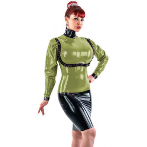 Women's PVC Leather Ruffle Turtleneck Lantern Sleeve Top Wet Look Multi-Color Bodycon Clubwear