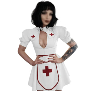 PVC Faux Latex Nurse Costume Puff Sleeve Dress Cosplay Mini Dress Apron Cape Set Party Multi-Color
