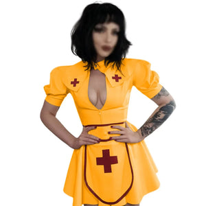 PVC Faux Latex Nurse Costume Puff Sleeve Dress Cosplay Mini Dress Apron Cape Set Party Multi-Color